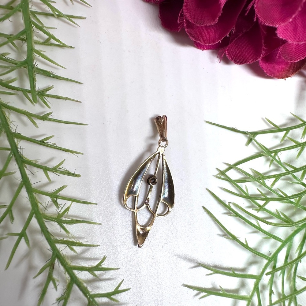 Vintage ⚜️ 14K Gold Enameled Art Nouveau Teardrop Pendant - Picture 11 of 12